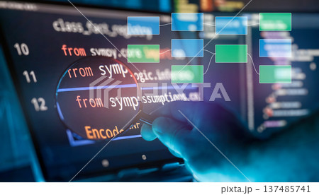 Code Analysis and Software Architecture Review Concept with Magnifying Glass and Flow Diagram Overlay Code Analysis and Software Architecture Review Concept with Magnifying Glass and Flow Diagram Overlay 137485741