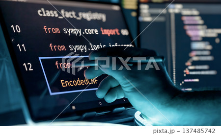 Programmer Editing Source Code with Stylus on Touchscreen in Futuristic Software Development Workspace Programmer Editing Source Code with Stylus on Touchscreen in Futuristic Software Development Workspace 137485742