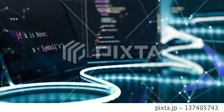 Futuristic AI Coding Workspace with Python Code on Screen, Neon Desk Lighting and Digital Network Overlay 137485743