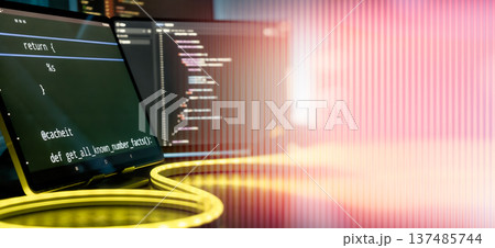 Futuristic Coding Workspace with Warm Neon Light Trails and Vertical Gradient Overlay Background Futuristic Coding Workspace with Warm Neon Light Trails and Vertical Gradient Overlay Background 137485744