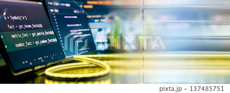 Futuristic Coding Workspace with Glass UI Panels and Neon Cable Light, Software Development Dashboard Background 137485751
