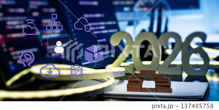 AI Cloud Architecture and User Workflow Concept with 2026 Desk Setup, Code Screens and Tech Interface Icons AI Cloud Architecture and User Workflow Concept with 2026 Desk Setup, Code Screens and Tech Interface Icons 137485758