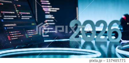 Futuristic AI Coding Workspace with 2026 Numbers and Programming Code on Screens in Blue Neon Light 137485771