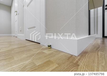 Modern Interior Hallway with White Doors and Brass Floor Door Stop Modern Interior Hallway with White Doors and Brass Floor Door Stop 137485798