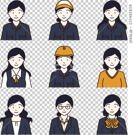 様々な部署で働く女性のイラストセット 紺色バージョン 様々な部署で働く女性のイラストセット 紺色バージョン 137485819