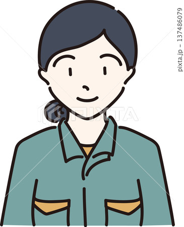 髪を結び作業服を着た女性のイラスト　緑色の制服 137486079