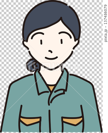 髪を結び作業服を着た女性のイラスト　緑色の制服 137486079