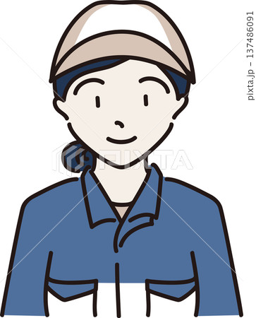 帽子をかぶり作業服を着た女性のイラスト　青色の制服 137486091