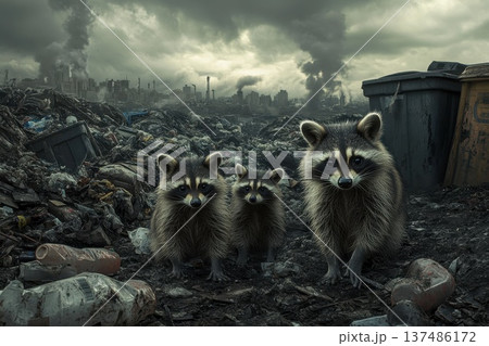 Family of Raccoons with Gleaming Eyes in Dim Environment 137486172