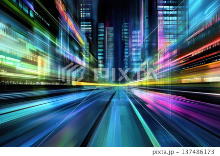 Futuristic Digital Landscape with Interconnected Technology and Vibrant Urban Energy 137486173