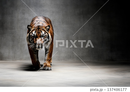 Fierce Tiger Walking Forward with Unwavering Deter in a Dramatic Setting 137486177