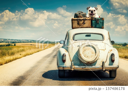 Vintage Car on Open Road with Dog and Luggage Ready for Adventure Vintage Car on Open Road with Dog and Luggage Ready for Adventure 137486178