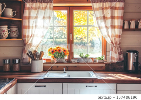 Cozy Rustic Wooden Kitchen Interior with Bright Natural Light and Warm Decor Cozy Rustic Wooden Kitchen Interior with Bright Natural Light and Warm Decor 137486190