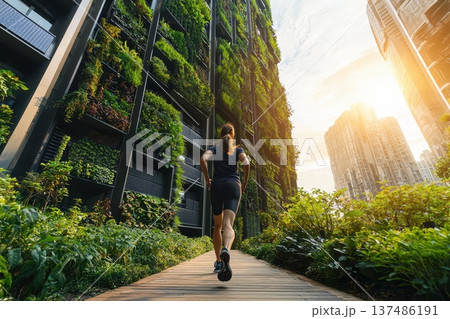 Morning Jogger Navigating Through Modern Park Surrounded by Lush Greenery Morning Jogger Navigating Through Modern Park Surrounded by Lush Greenery 137486191