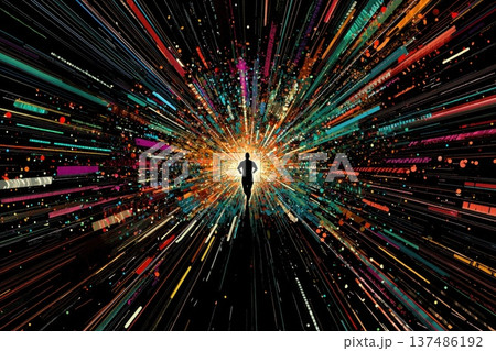 Minimalist Marathon Poster Featuring a Lone Runner in a Colorful Abstract Background 137486192