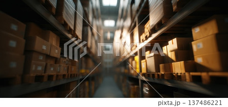 Cinematic Depth of Field Shot Featuring a Warehouse Aisle with Boxes and Shelving Units 137486221