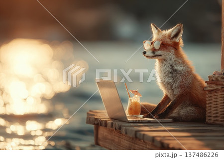 Stylish Fox Wearing Sunglasses Working Remotely by the Water on a Sunny Day 137486226