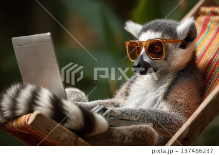 Lemur with Striped Tail Curled Around Chair Leg While Using Laptop in Sunglasses Lemur with Striped Tail Curled Around Chair Leg While Using Laptop in Sunglasses 137486237
