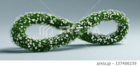 Minimalist Green Infinity Symbol Decorated with White Flowers on a Soft Gray Background Minimalist Green Infinity Symbol Decorated with White Flowers on a Soft Gray Background 137486239