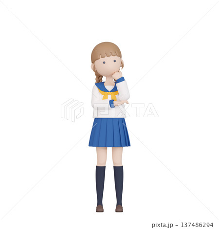 3DCG|考えるポーズをする日本の女子高生 3DCG|考えるポーズをする日本の女子高生 137486294