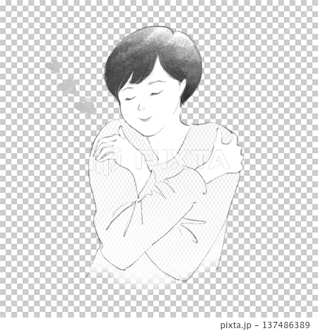 A short-haired woman hugging herself 137486389