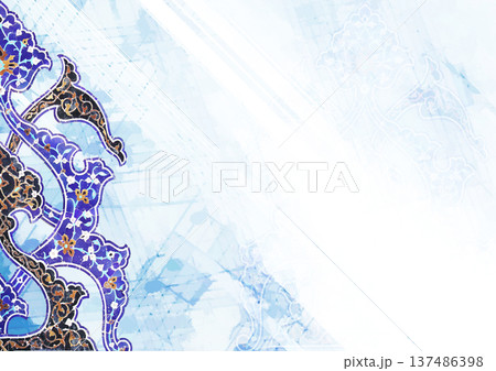 Horizontal or vertical background with ceramic tile decor. Detail of traditional persian marble wall with tile ornament. Mock up template. Copy space for text 137486398