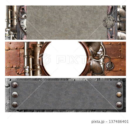 Set of steampunk backdrop with old metallic plank, pipes, rivet, cogwel, gear. Collection of horizontal banner with metal plate on rusty metal surface. Can be used for steampunk, retro, vintage design 137486401