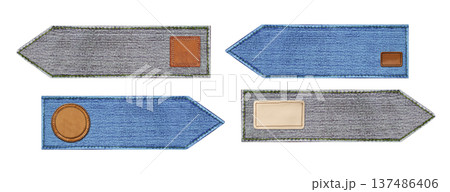 Set of gray and blue jeans arrow tag with leather label. Light blue and grey color denim jeans fabric label with decorative stitch border. Copy space for text. Isolated on white background Set of gray and blue jeans arrow tag with leather label. Light blue and grey color denim jeans fabric label with decorative stitch border. Copy space for text. Isolated on white background 137486406