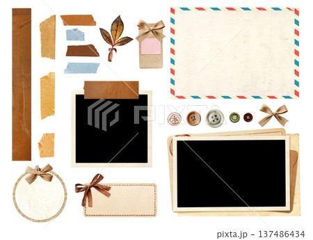 Collection of vintage element for scrapbooking. Set of retro photo, linen bow, adhesive tape stripe, button, postcard, paper tag. Nostalgic and sentimental style. Isolated on white background 137486434