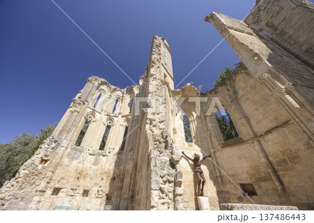 San Anton Monastery ruins showing crucifix and blue sky 137486443