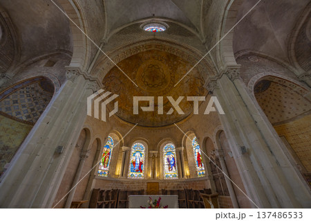 Church apse with stained glass windows and painted ceiling in Avallon, France Church apse with stained glass windows and painted ceiling in Avallon, France 137486533