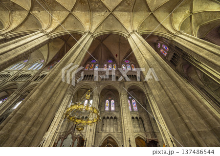 Bourges Cathedral interior displaying Gothic architecture and stained glass Bourges Cathedral interior displaying Gothic architecture and stained glass 137486544