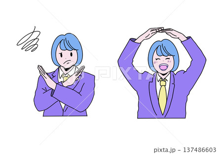 マルとバツのポーズをする女子高生のイラストセット 正解と不正解 手書きベクター素材 マルとバツのポーズをする女子高生のイラストセット 正解と不正解 手書きベクター素材 137486603