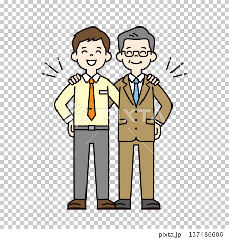 Smiling and putting his arm around someone's shoulder, a young male employee/businessman and a middle-aged president/manager, full-body vector illustration 137486606