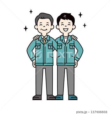 肩を組む、作業服を着た社長とビジネスマン・サラリーマン・男性社員の全身ベクターイラスト素材 137486608