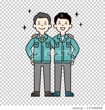 Full-body vector illustration of a president and businessman, office worker, male employee wearing work clothes, putting their arms around each other's shoulders 137486608
