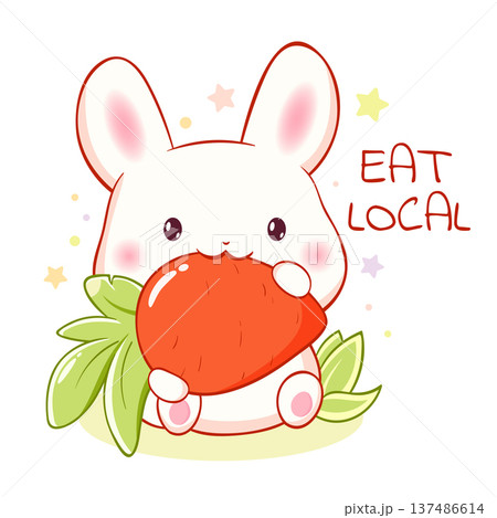 Card in kawaii style with cute little bunny with carrot. Local natural and organic food concept. Inscription Eat Local. Can be used for t-shirt print, sticker, greeting card. Vector illustration EPS8 137486614