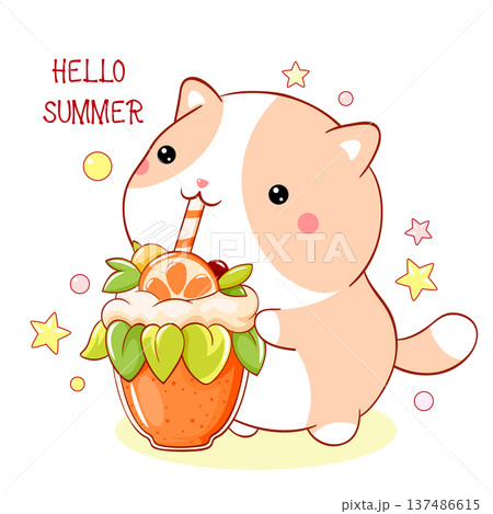 Summer card with cute cat in kawaii style. Little kitty drinking a smoothie through a straw. Inscription Hello summer. Can be used for t-shirt print, sticker, badge, greeting card. Vector EPS8 137486615