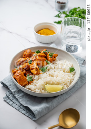 Chicken tikka masala curry with rice on marble background Chicken tikka masala curry with rice on marble background 137486628