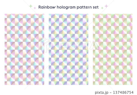ホログラムのシームレスパターンセット　キラキラ　銀色　虹色　プリズム 137486754