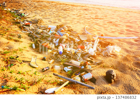 Trash on beach at sea. Garbage dump at ocean. Trash, debris on sea beach. 137486832