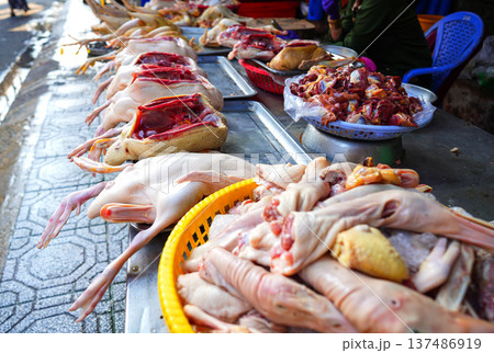 Chicken meat displayed for sale on street market, Vietnam Chicken meat displayed for sale on street market, Vietnam 137486919