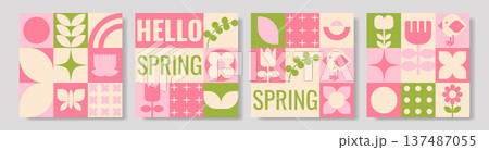 Geometric spring floral design. Contemporary geometric tiles featuring floral and animal illustrations Geometric spring floral design. Contemporary geometric tiles featuring floral and animal illustrations 137487055