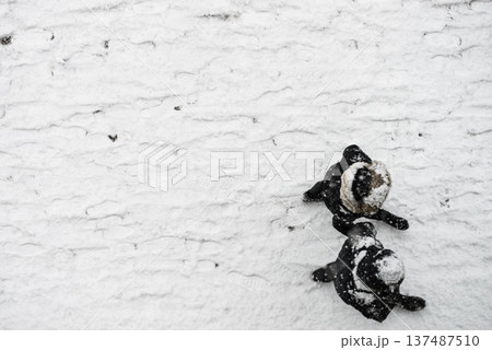 View from top at people walking during winter 137487510