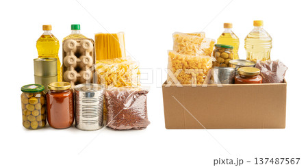 Foodstuffs in donation box isolated on white background. 137487567