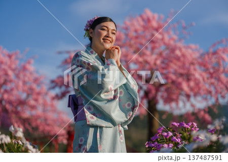 woman in yukata (kimono dress) with sakura flower or cherry blossom blooming in garden 137487591