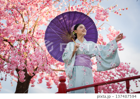 woman in yukata (kimono dress) holding umbrella with sakura flower or cherry blossom blooming in garden 137487594