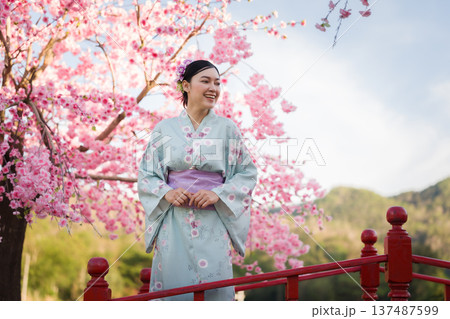 woman in yukata (kimono dress) with sakura flower or cherry blossom blooming in garden 137487599