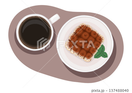 Italian tiramisu and espresso coffee top view vector food illustration. Hand drawn composition with cake and mint leaf on plate. Cream dessert for cafe menu design. Perfect for restaurant packaging. Italian tiramisu and espresso coffee top view vector food illustration. Hand drawn composition with cake and mint leaf on plate. Cream dessert for cafe menu design. Perfect for restaurant packaging. 137488040