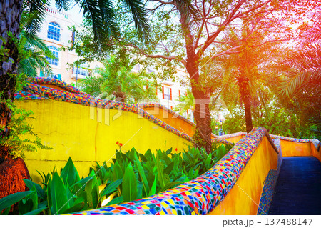 Vibrant stairs walkway among trees, colorful walls in tropical sunset. Winding path leads greenery Vibrant stairs walkway among trees, colorful walls in tropical sunset. Winding path leads greenery 137488147